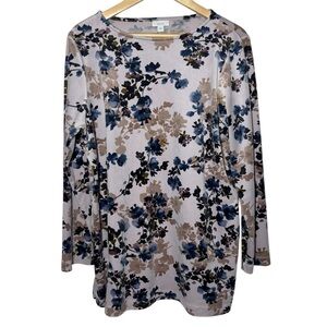Pure Jill Velour Velvet Top Tunic Large Floral Stretchy Soft Pullover Modest